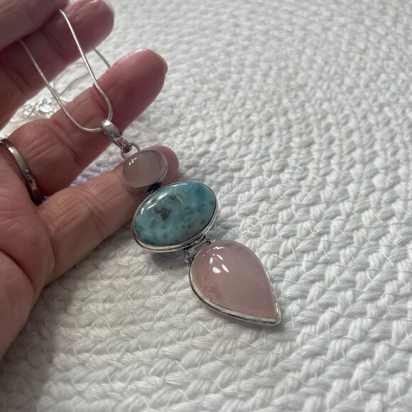 Beautiful AMETHYST, LARIMAR & RAINBOW MOONSTONE Handmade Sterling 925 Necklace - Picture 2 of 3